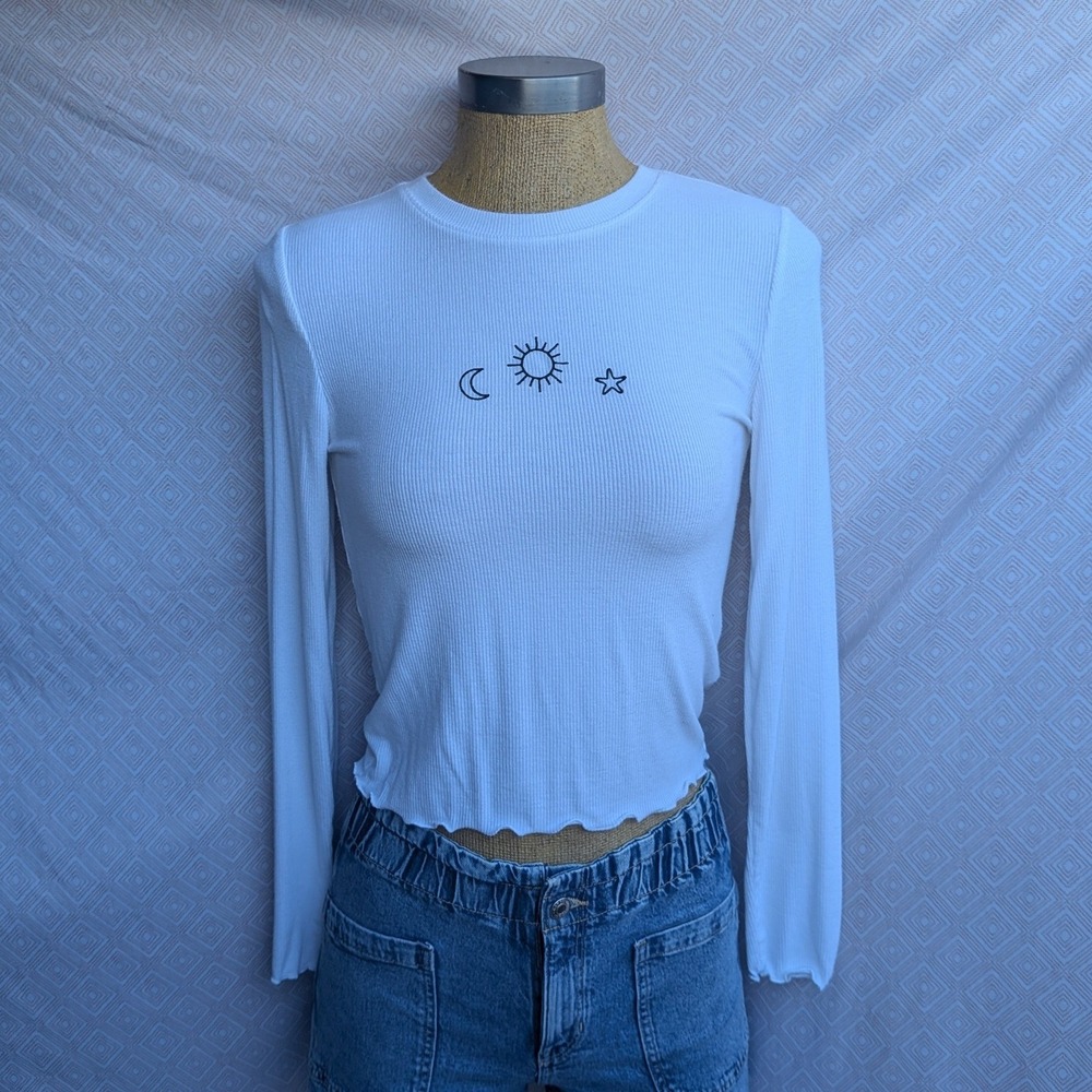 Forever 21 Long Sleeve Top Women White Excellent Celestial Ribbed Lettuce Edge M